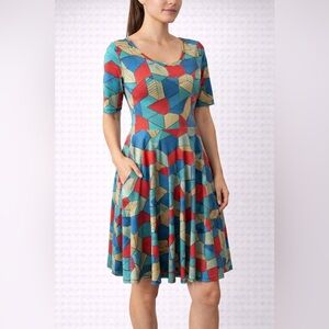 Lula Roe Nicole Geometric Dress  with Colorful Shapes. Great Condition M